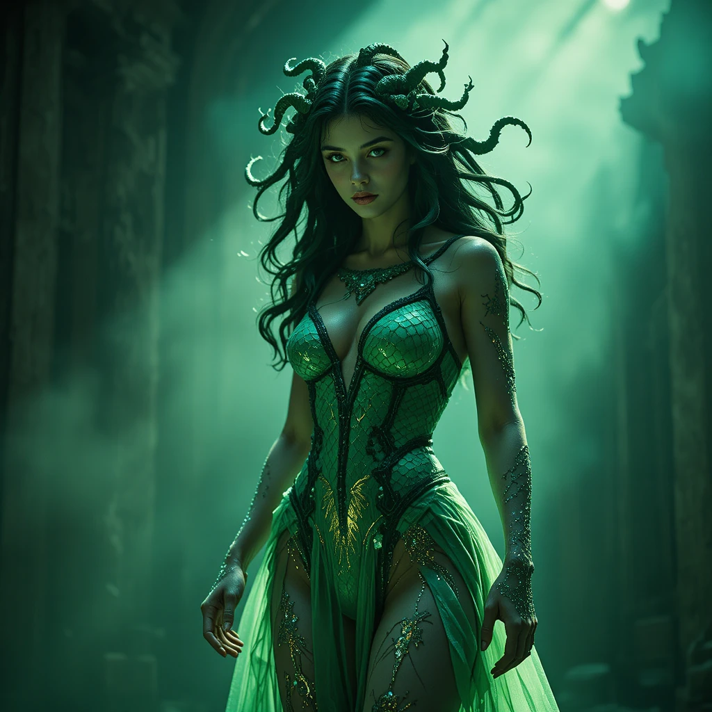 Medusa figure in a dramatic cinematic mythological scene