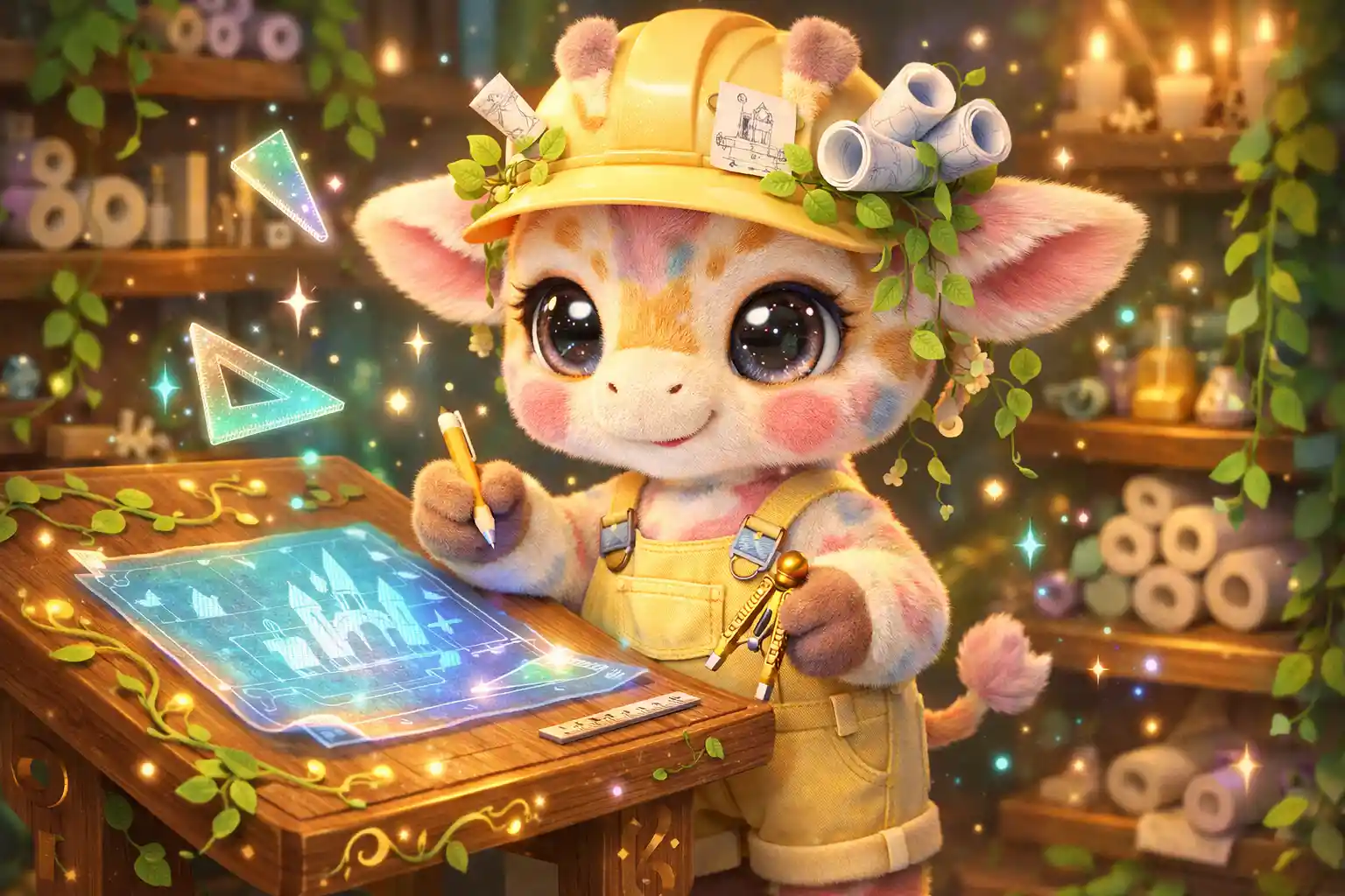 Cute baby giraffe architect at a magical drafting table