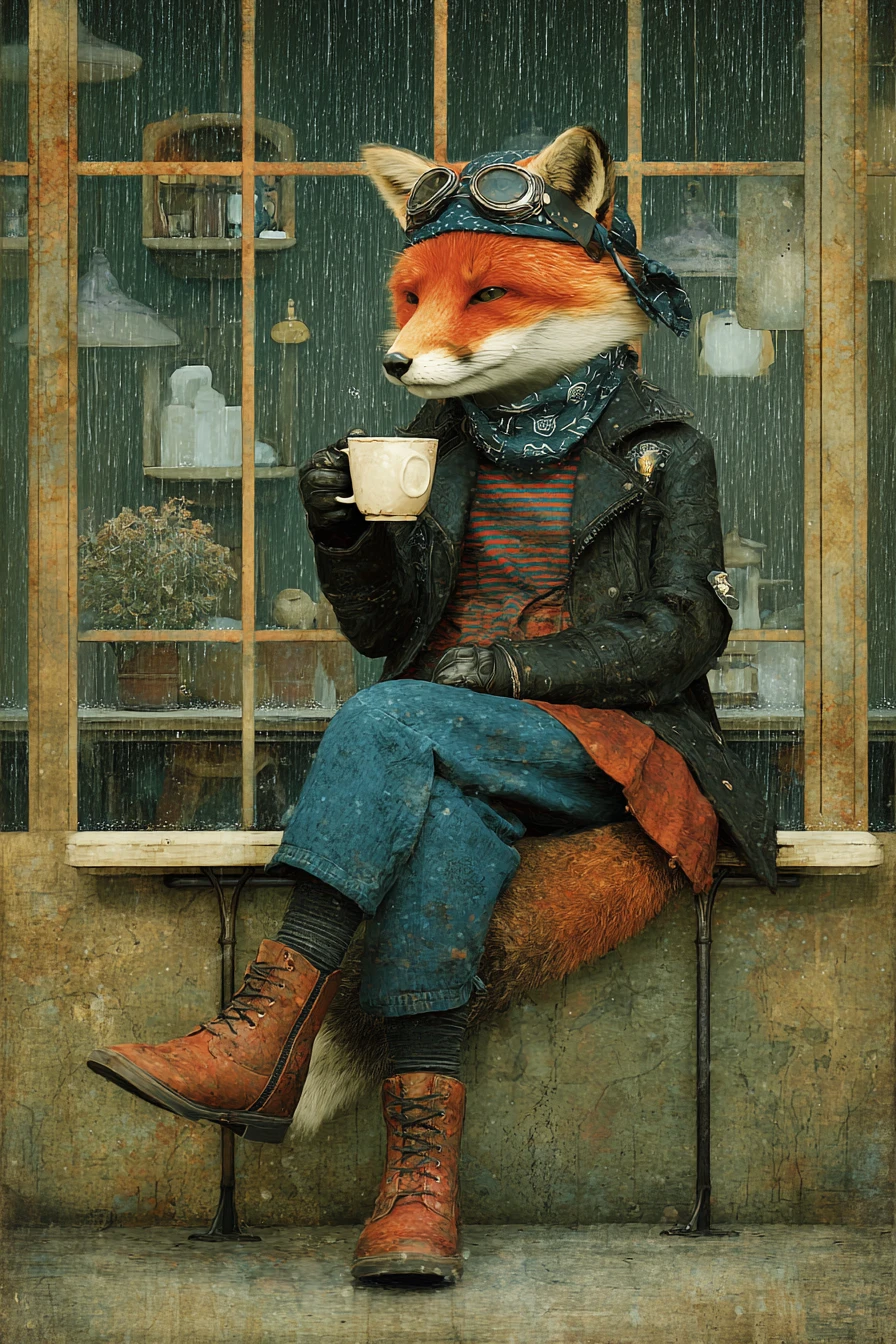 Zorro elegante tomando café en una cafetería moderna de la ciudad