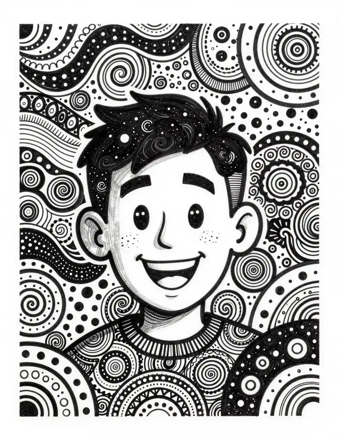 Retrato zentangle brincalhão de um homem sorridente com orelhas grandes