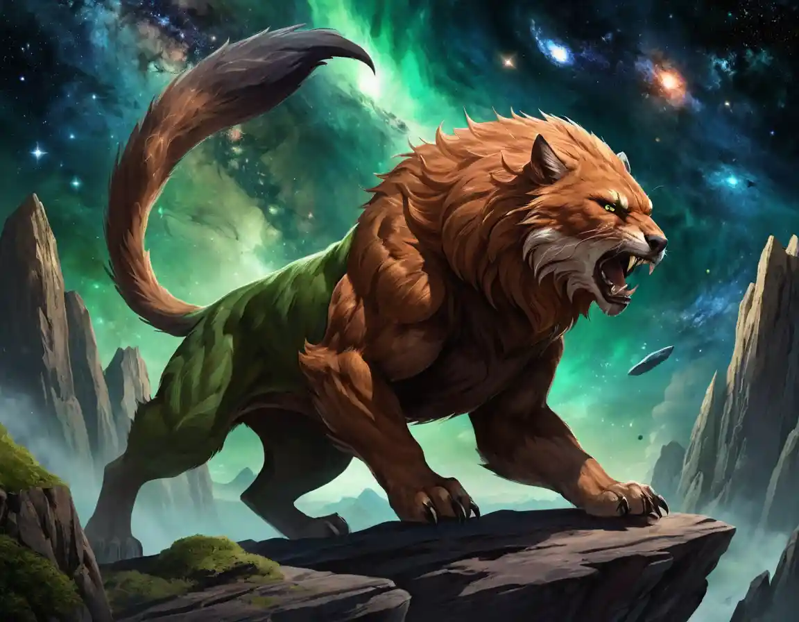 Feral fantasy beast unleashing earthen energy in space