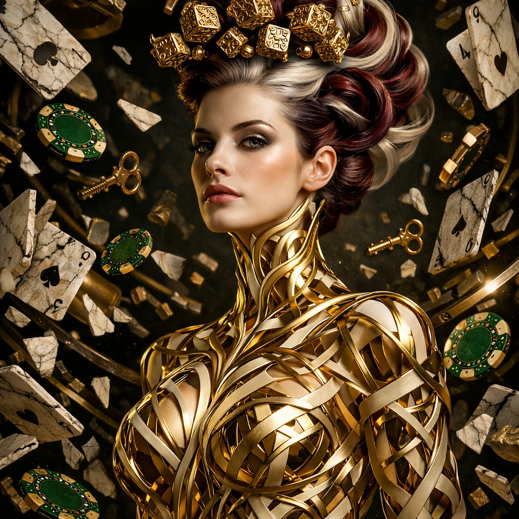 Mulher surreal de grade dourada e exoesqueleto de marfim