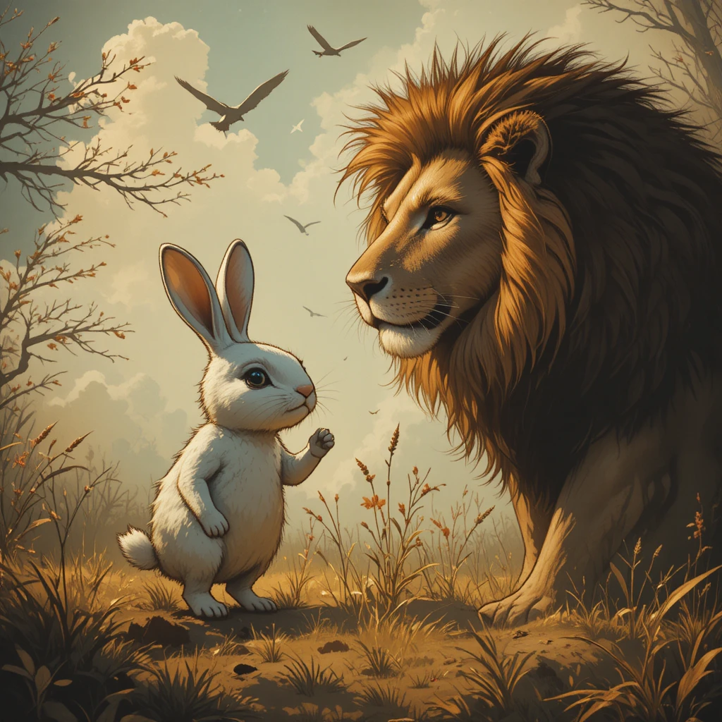 Rabbit with a lion coin casting a bold lion shadow