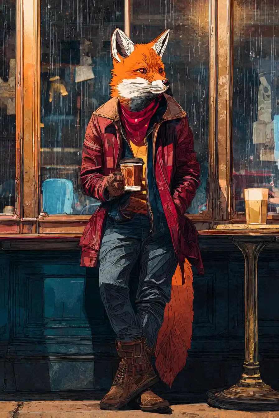 Zorro antropomórfico y elegante bebiendo café en una cafetería lluviosa