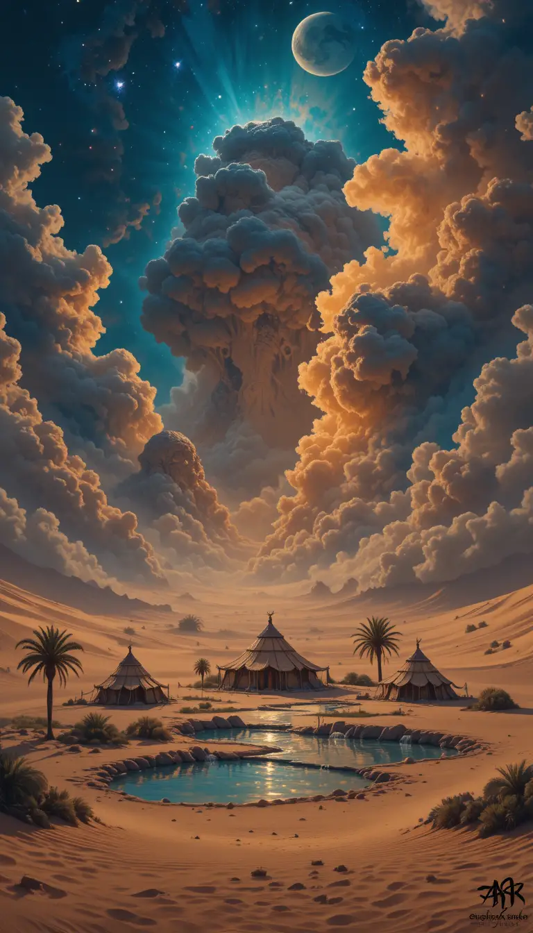 Moonlit sand spirits guarding a remote desert oasis