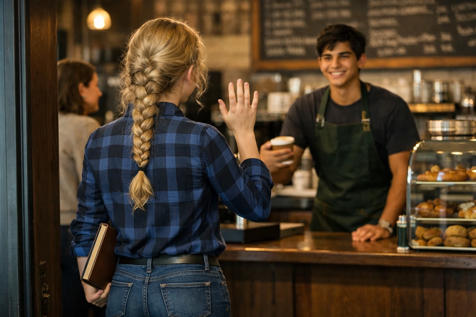 Teenager-Mädchen betritt ein gemütliches Café mit Tagebuch