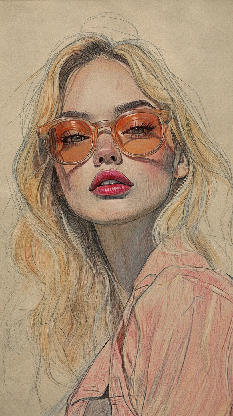 Retrato suave a lápiz de una mujer rubia con gafas redondas