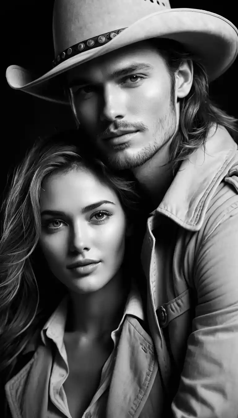Romantic cowboy couple portrait at night in the wild west