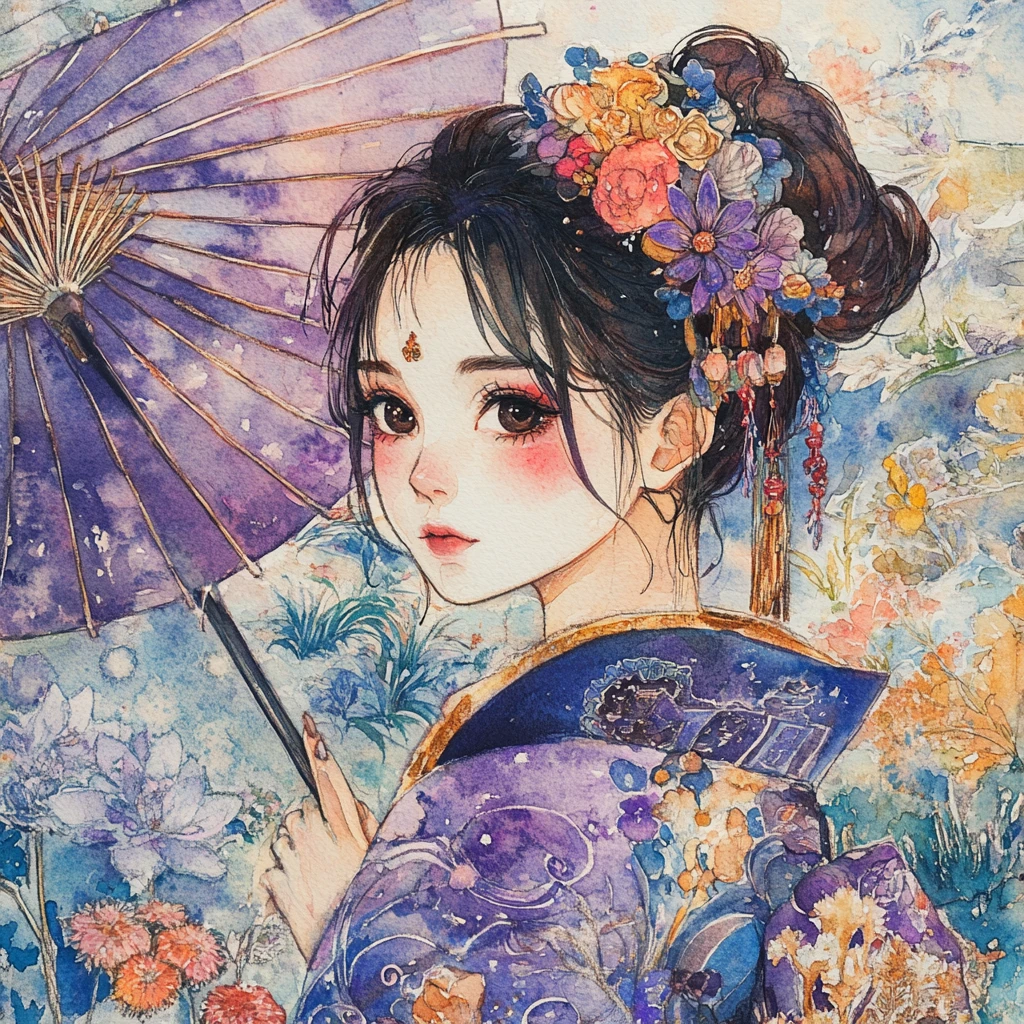 撐著陽傘若有所思行走的和服動漫女子