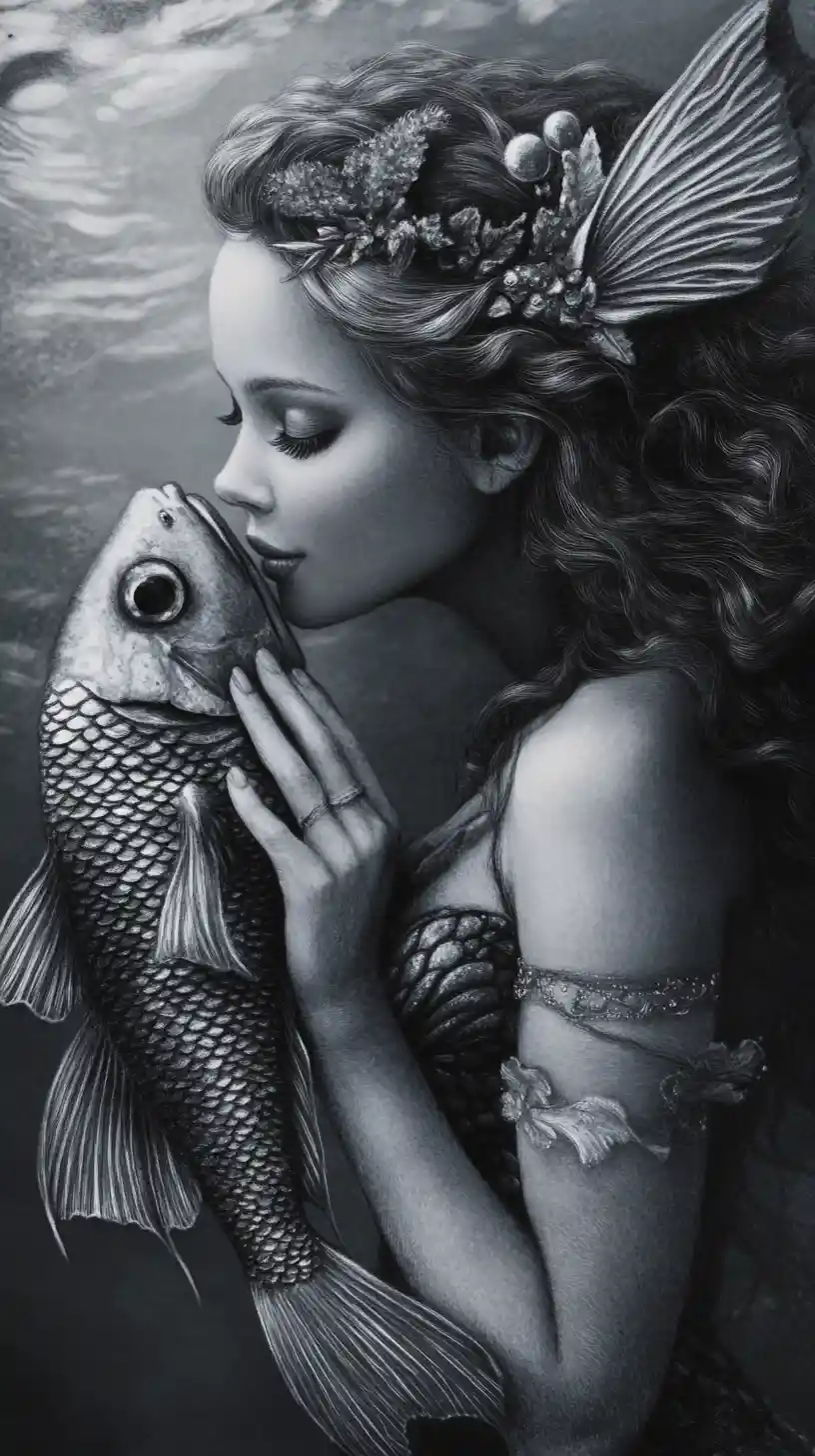 Charcoal portrait of a mermaid with shimmering scaled skin