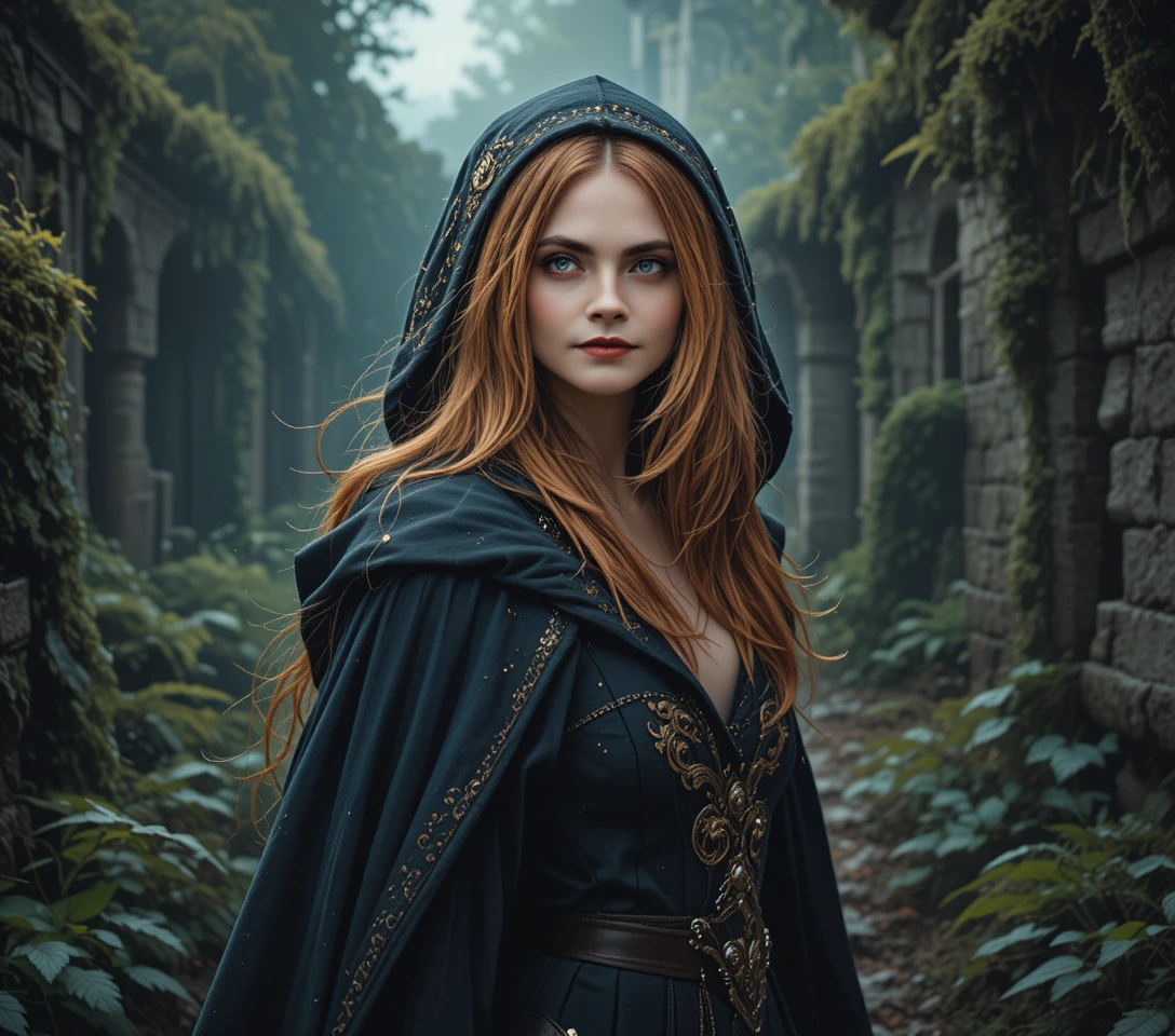 Hooded fantasy woman in ruins of a dark ancient forest