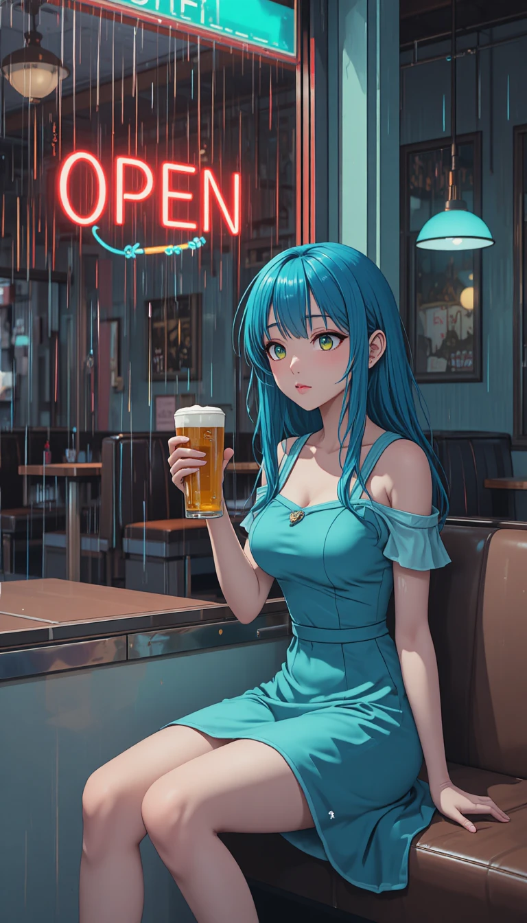 Mulher de anime em lanchonete dos anos 50 tranquila à janela chuvosa