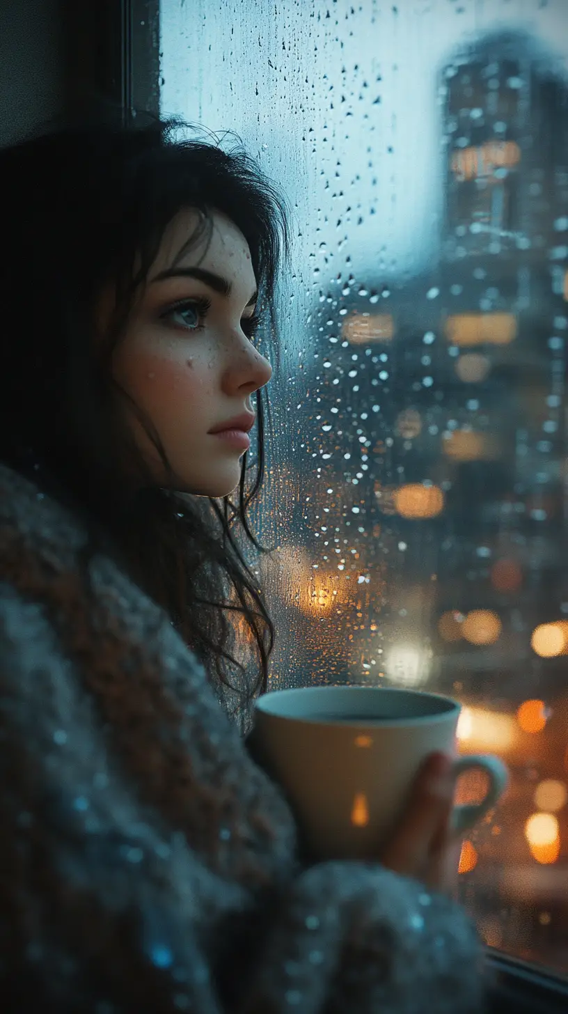 Young woman watching rain on window with city lights
