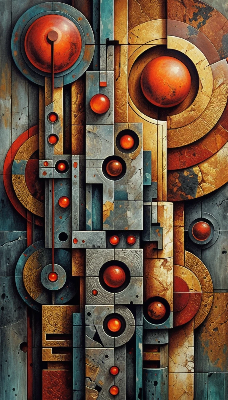 Paisaje urbano geométrico abstracto con orbes rojos brillantes