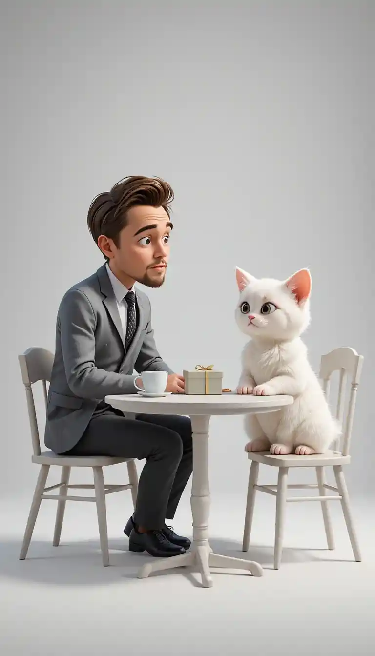 Pixar style actor and kitten interview in white studio