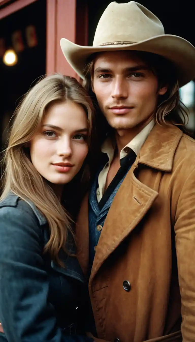 Romantic cowboy couple close up portrait at night
