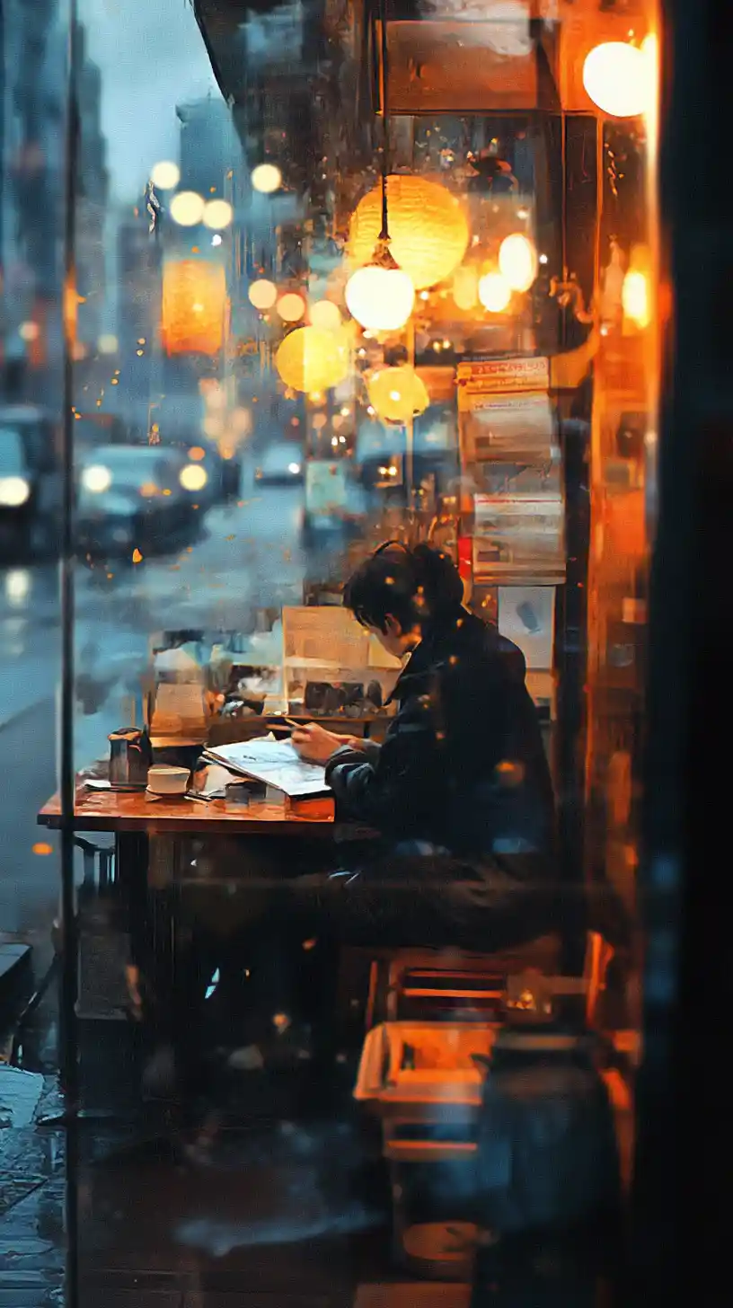 Quiet midnight cafe with lone customer sketching by window