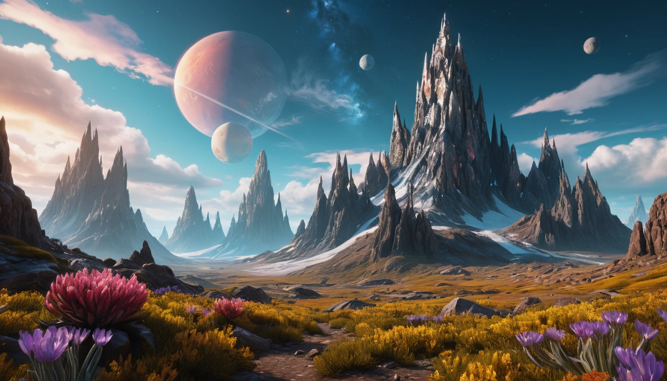 Picchi e valli alieni sotto un cielo cinematografico vibrante