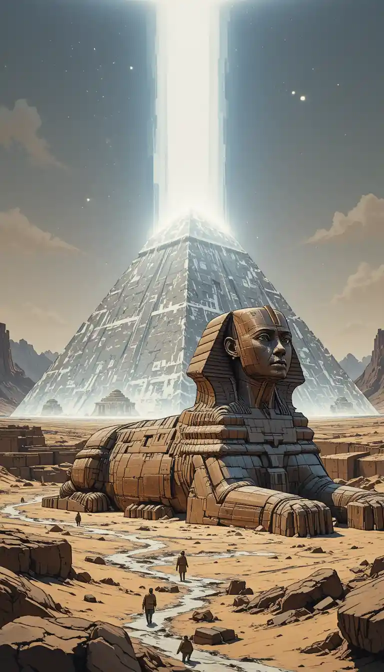 Glowing Crystal Pyramid Illuminating The Sphinx In The Desert