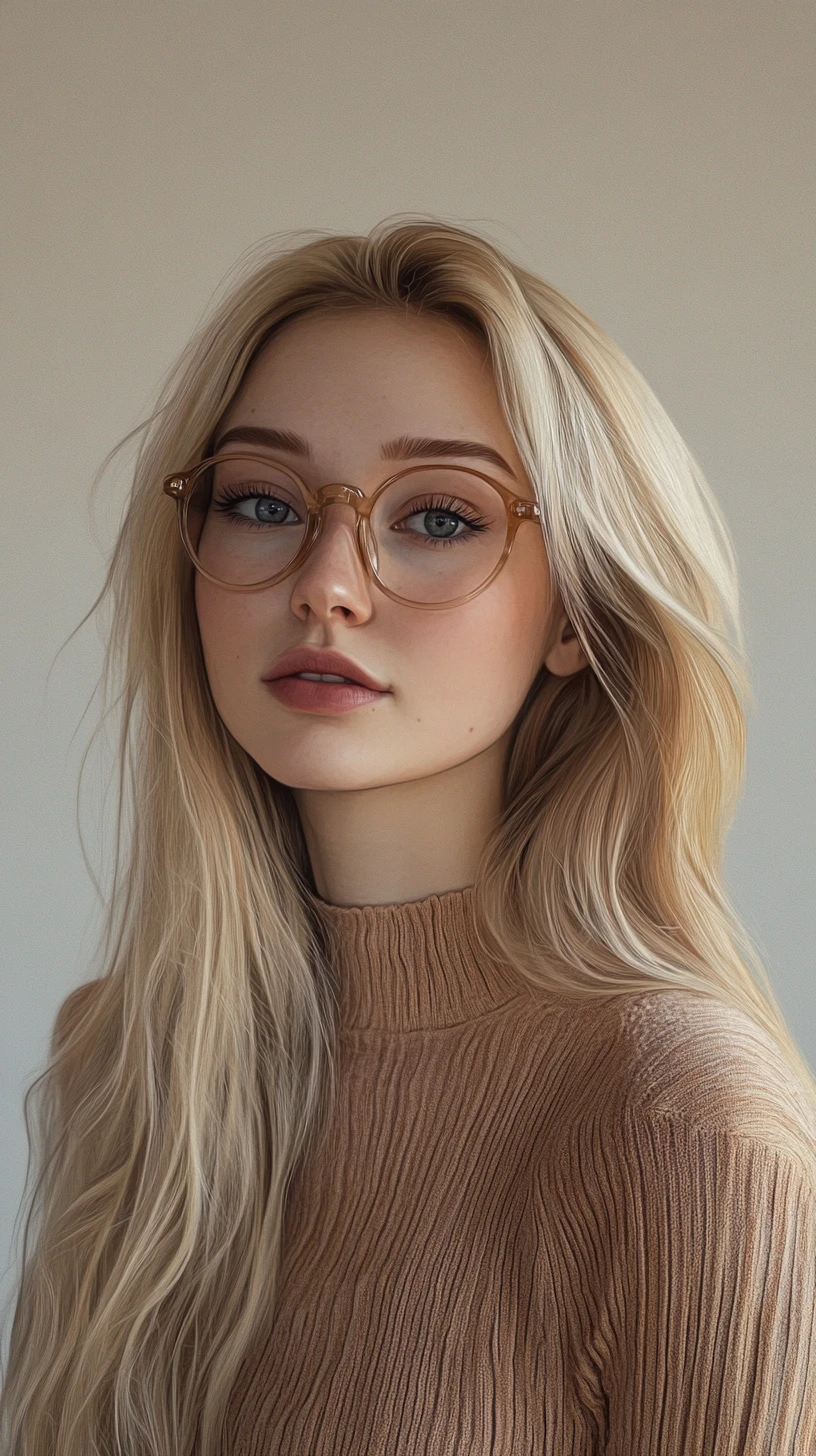 Gentle portrait of a blonde girl with glasses in soft colors