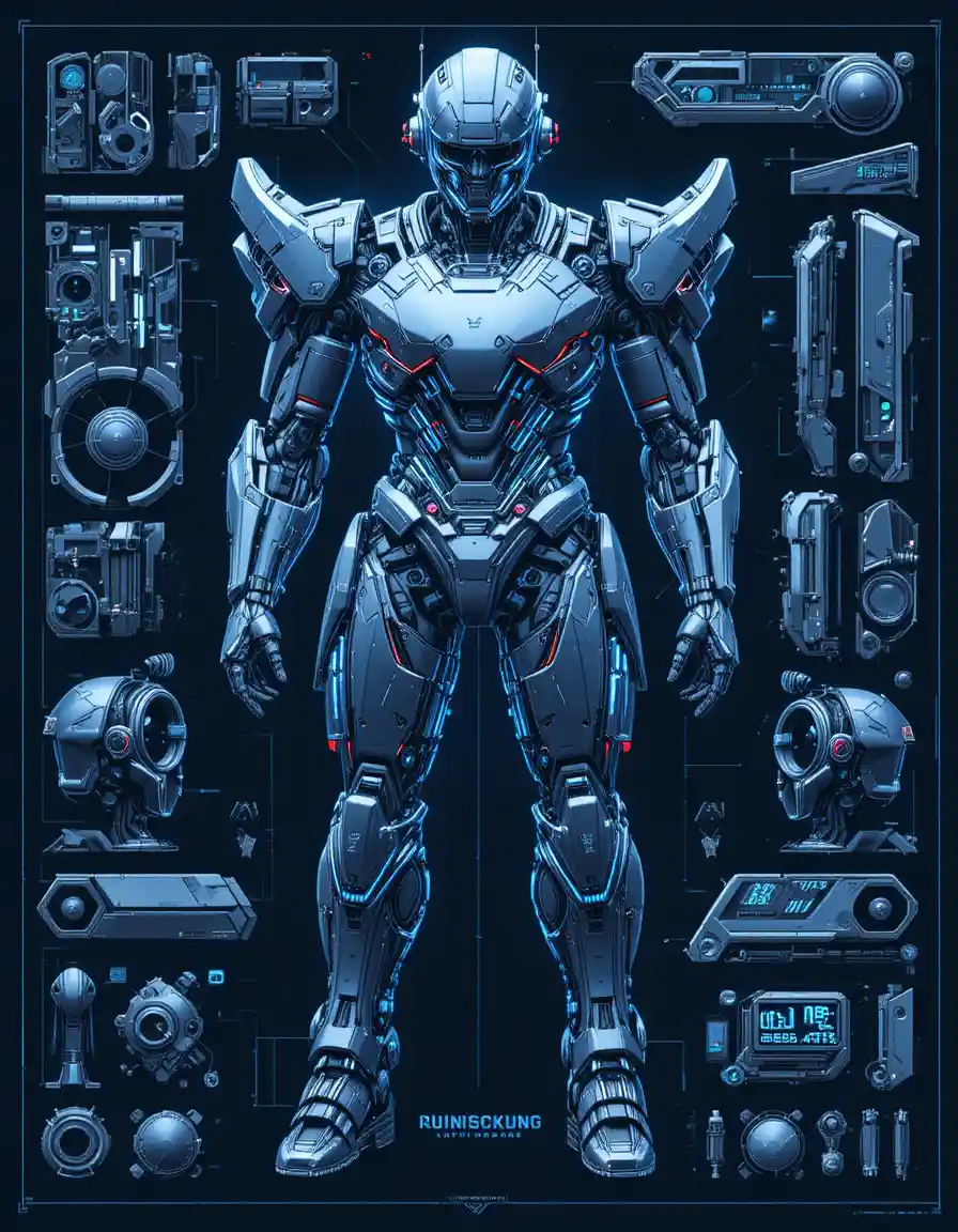 Futuristic Japanese mecha armor blueprint with cybernetic cockpit