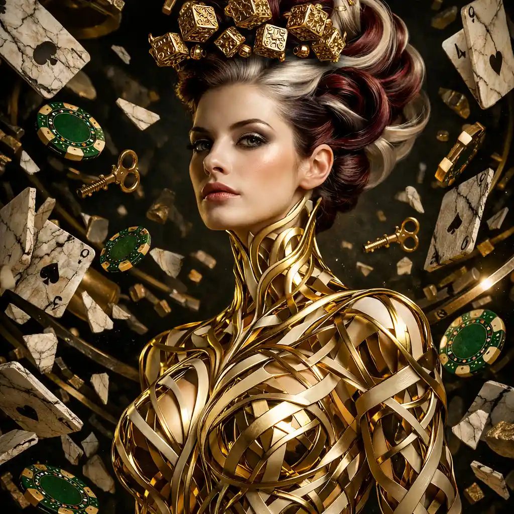 Mulher surreal de grade dourada e exoesqueleto de marfim