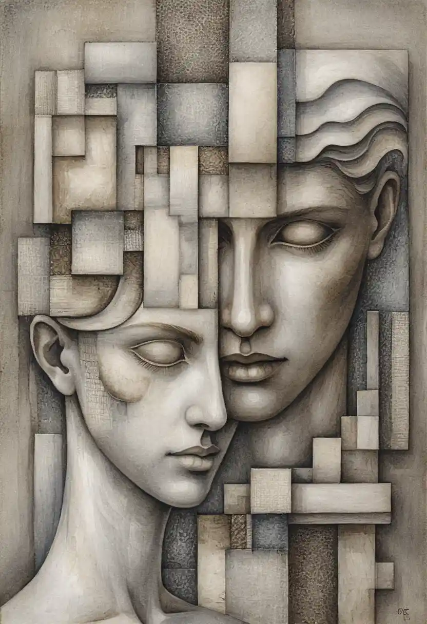 Surreal cubist portrait of two serene intertwined faces
