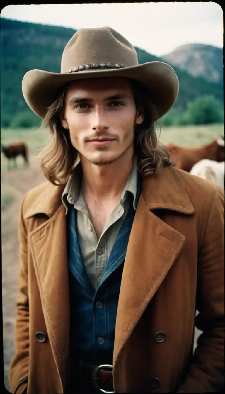 Close up portrait of a western cowboy with goat companion