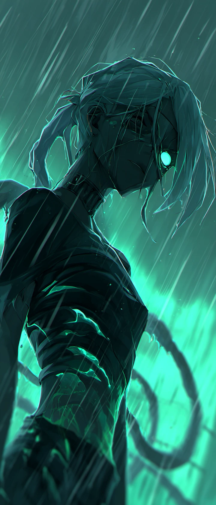 Mutated anime woman standing defiant in radioactive rain
