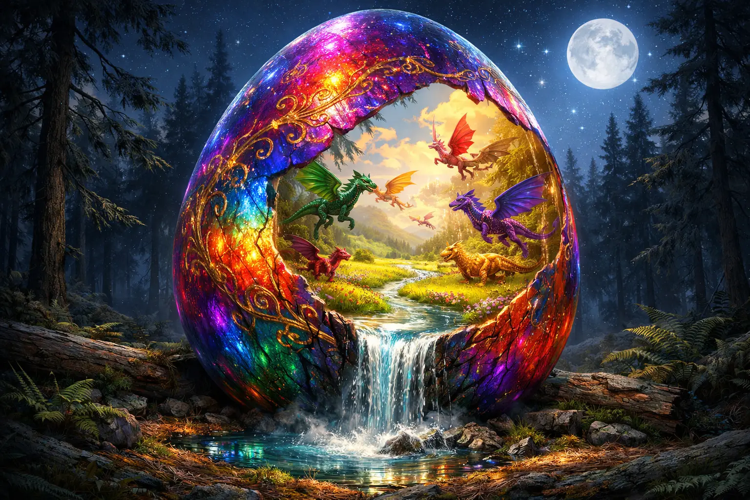 Surreal dragon egg glowing in a moonlit forest clearing