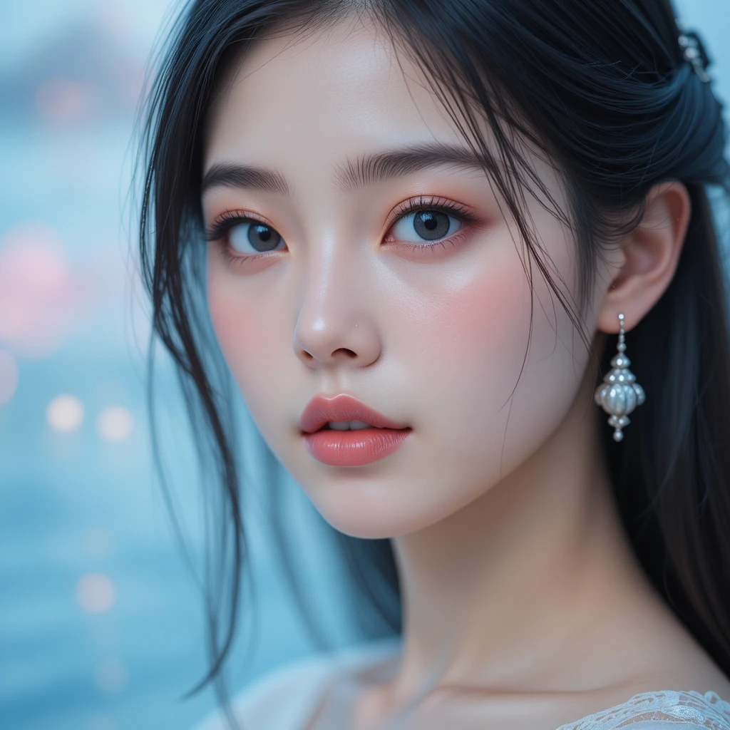 Blue eyed east asian girl in soft fantasy portrait