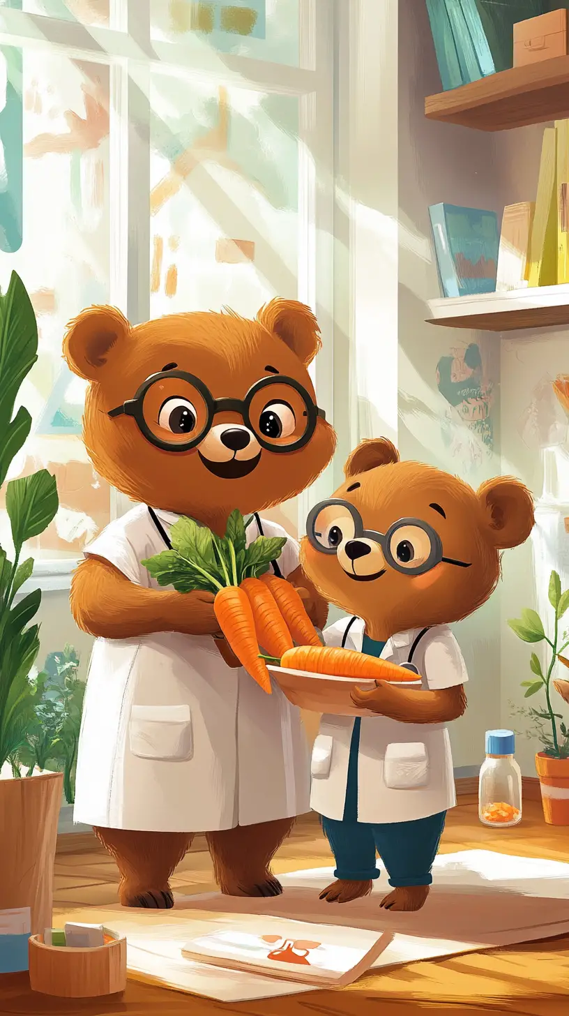 Cute bears at eye clinic with doctor and carrots