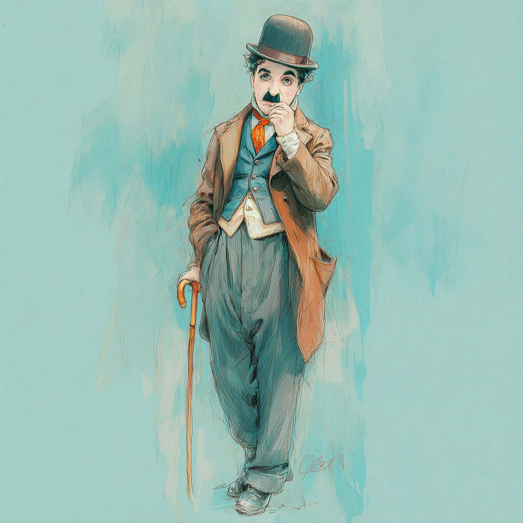 Figura de anime estilo Chaplin de pie, pensativa con bastón