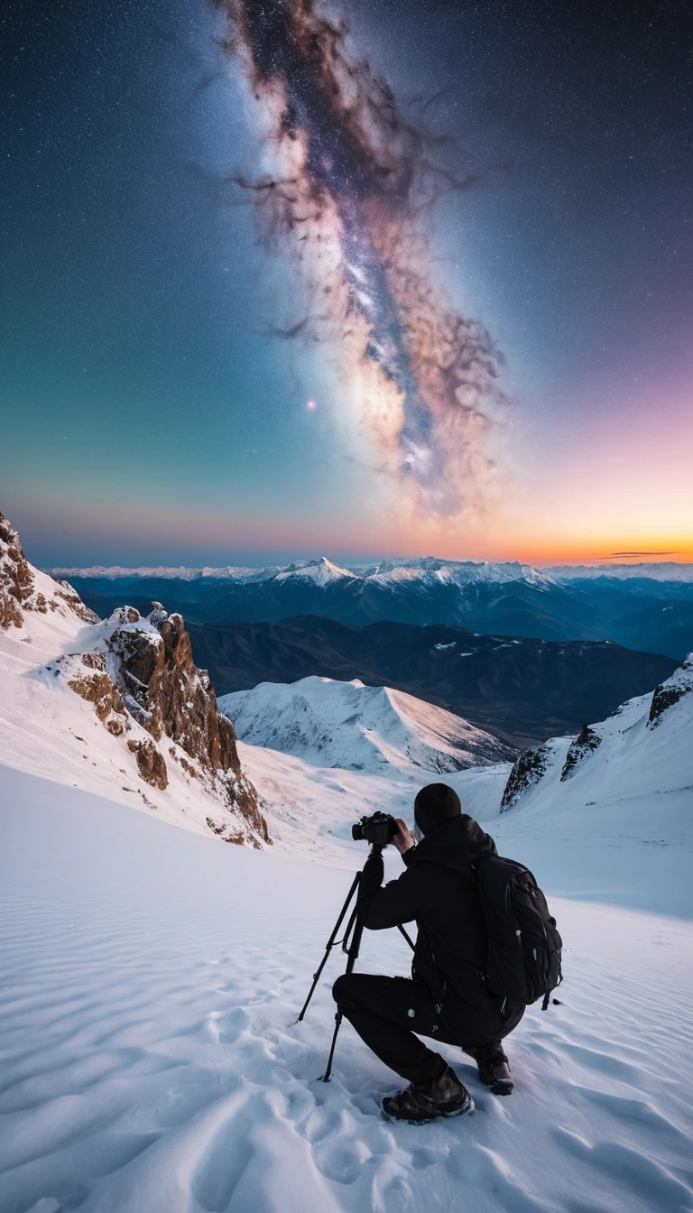 Camouflaged photographer on snowy mountain facing cosmic event