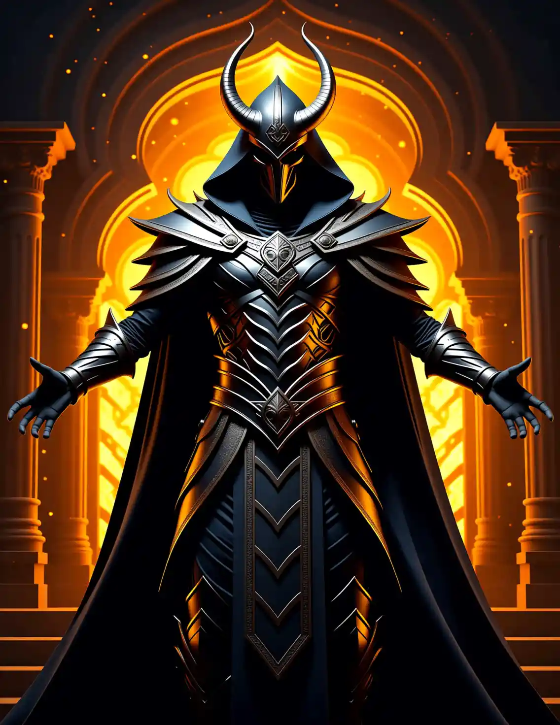 Dark armored figure before fiery ancient architecture