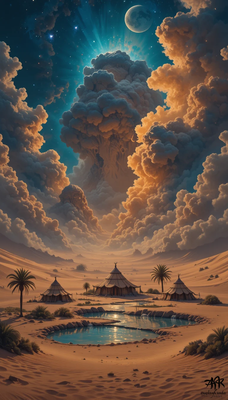 Moonlit sand spirits guarding a remote desert oasis