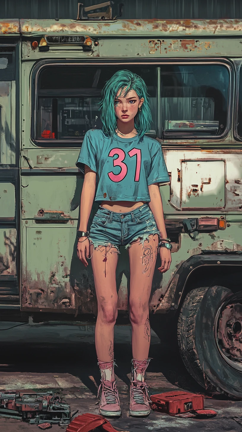 Turquoise haired girl by a rusted bus in garage