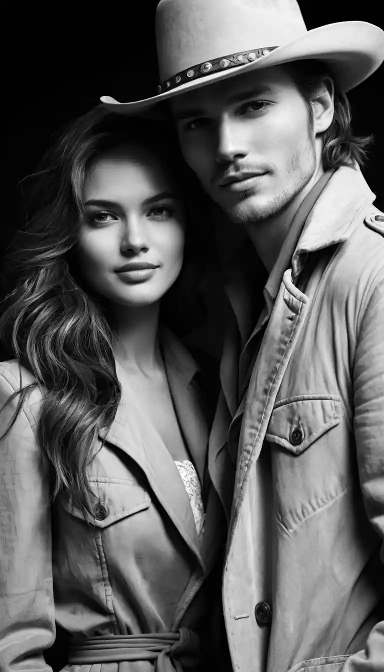 Romantic cowboy couple portrait at night in the wild west