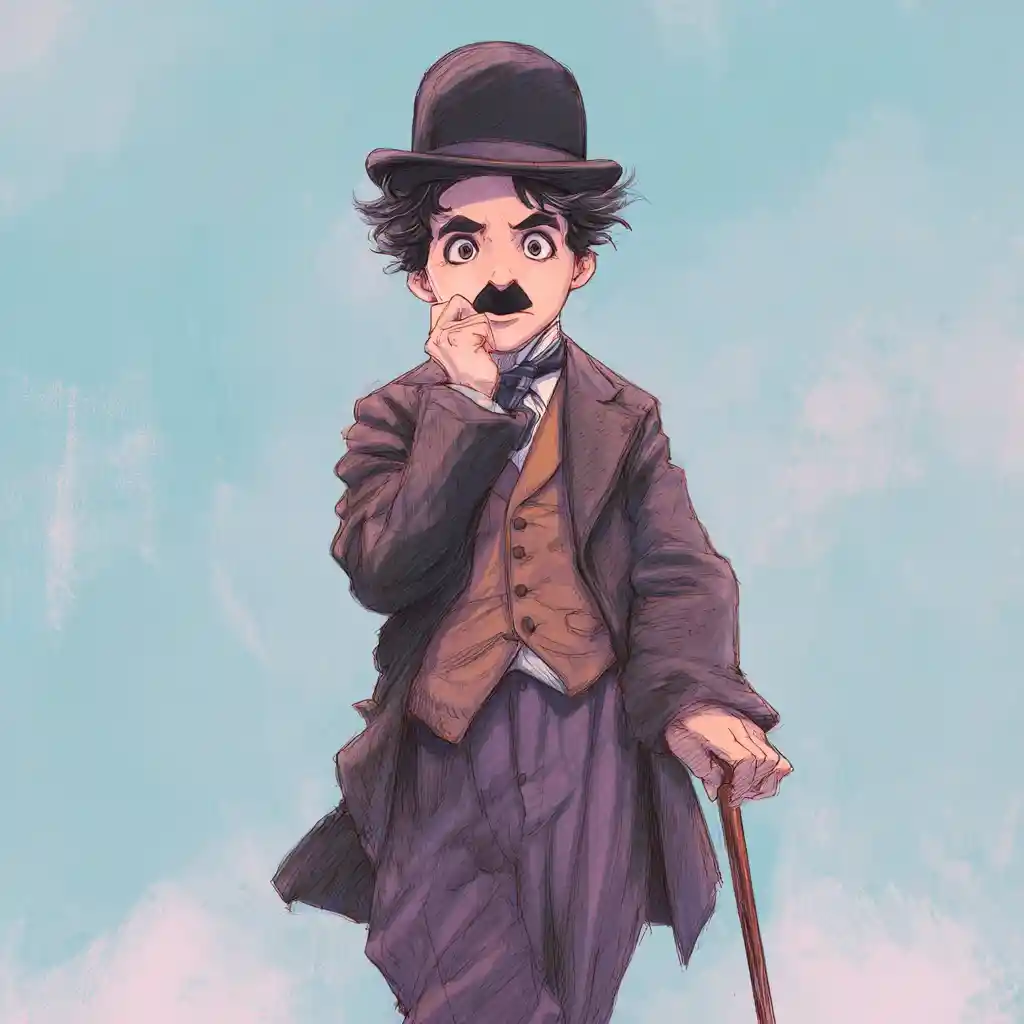 Figura de anime estilo Chaplin em pé com bengala sobre fundo azul pastel
