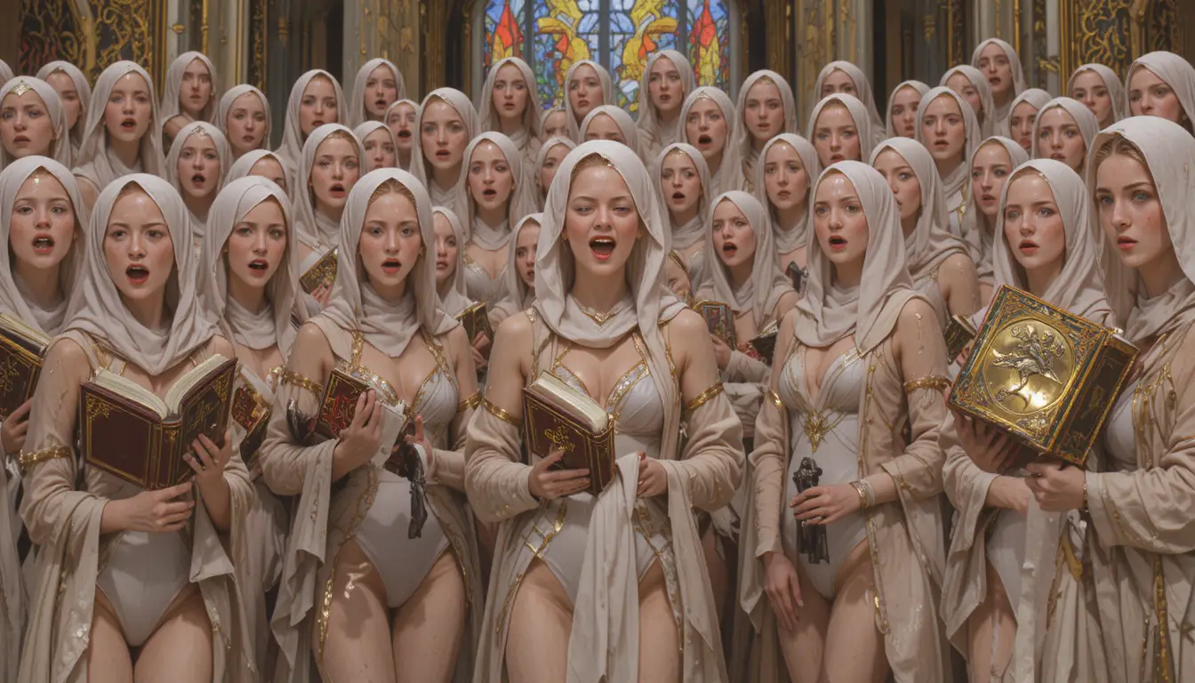 Chorus of armored warrior nuns singing before stained glass