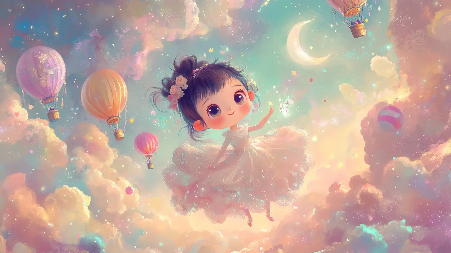 Chibi girl floating happily in a pastel dream sky