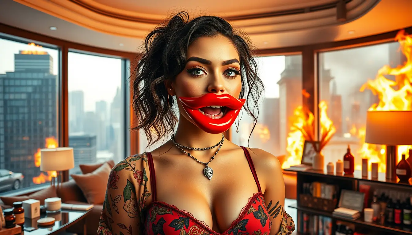 Surreal fashion woman with oversized red lips in luxury duplex
