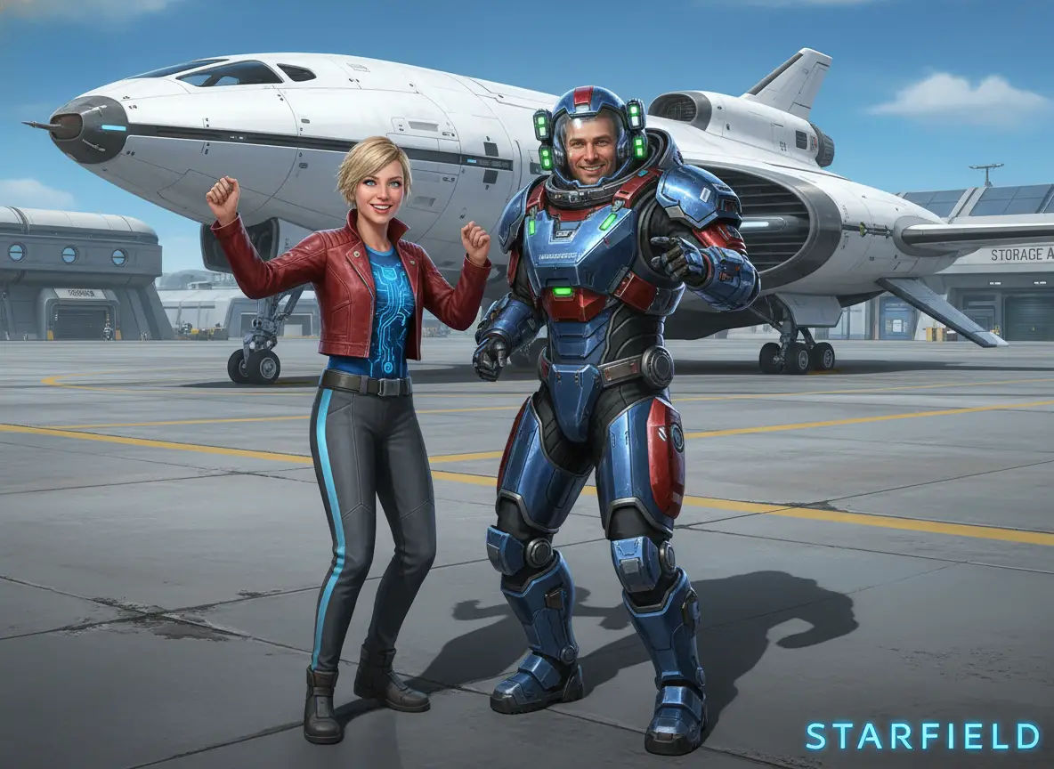 Astronaut and pilot dancing together at futuristic spaceport