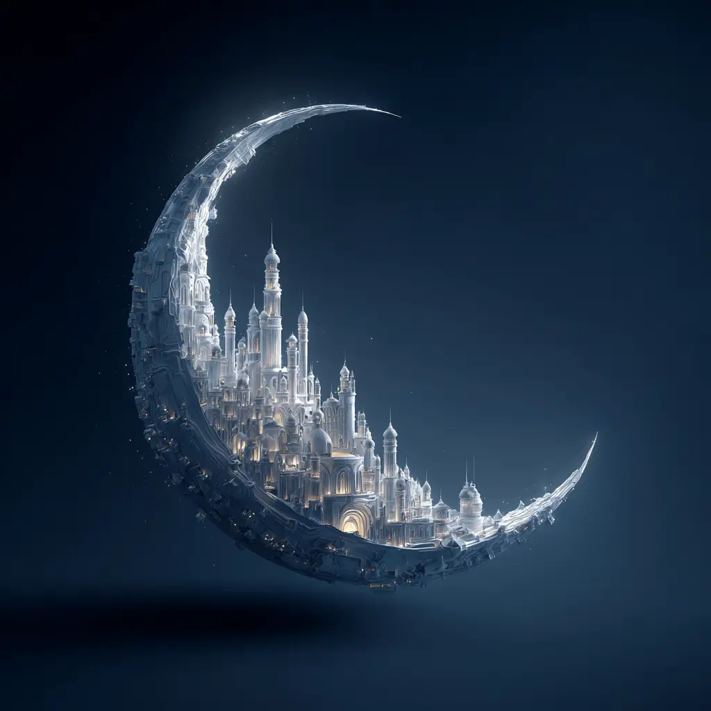 Enchanted Moonstone City Floating Above A Quiet Lunar Crescent