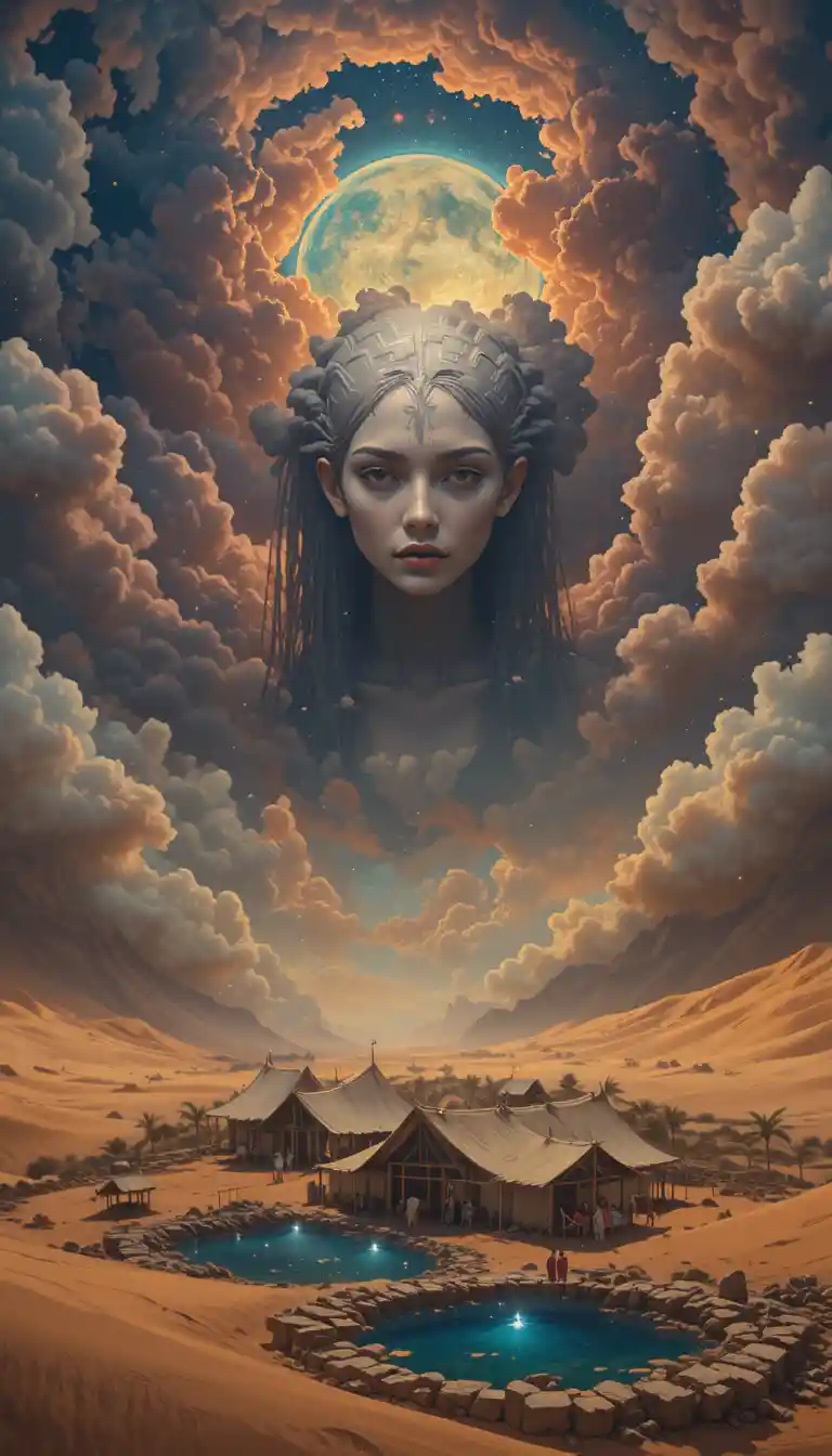 Surreal desert spirits watching over a moonlit oasis village