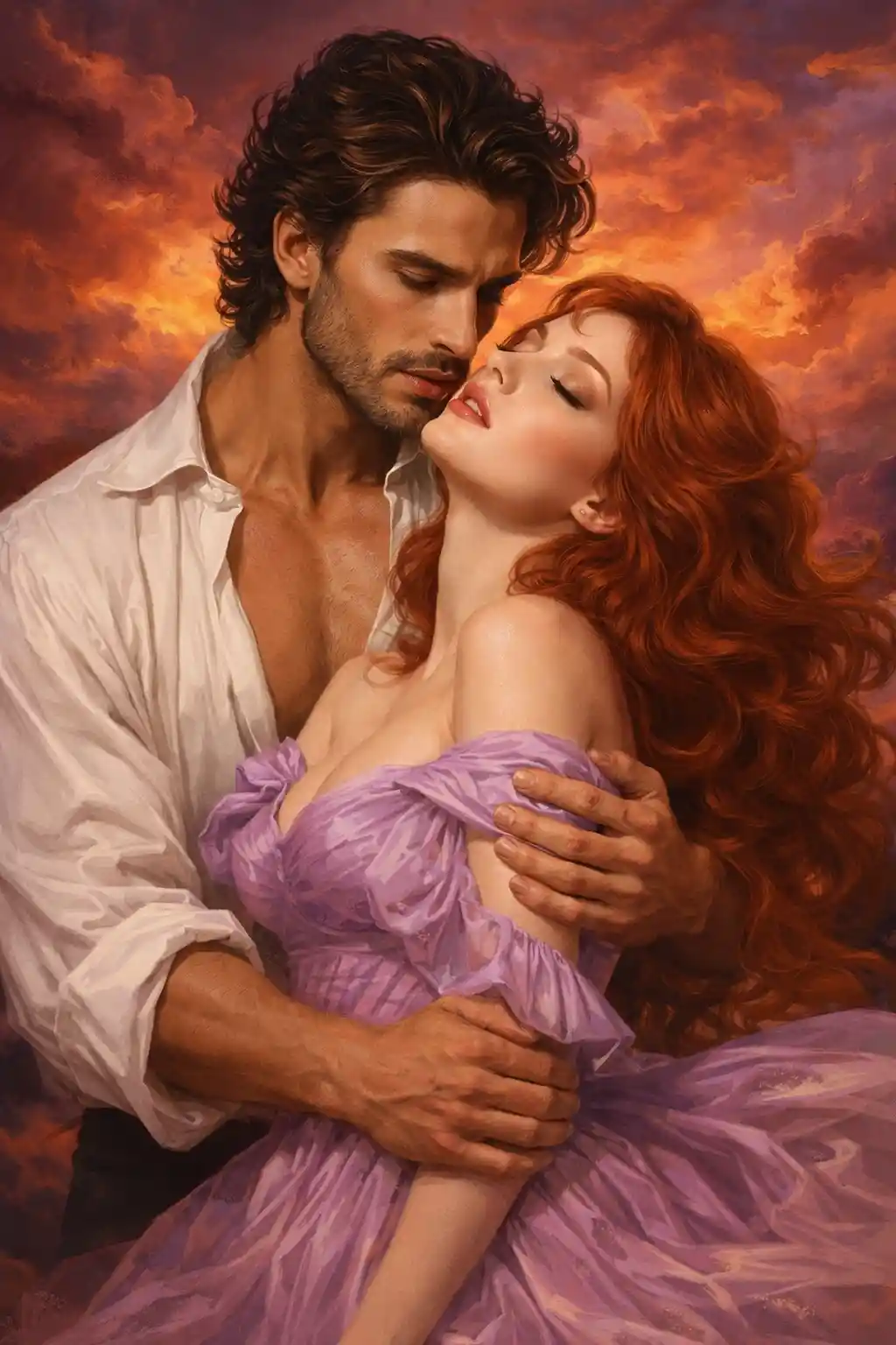 Romantic couple embracing like a classic novel cover