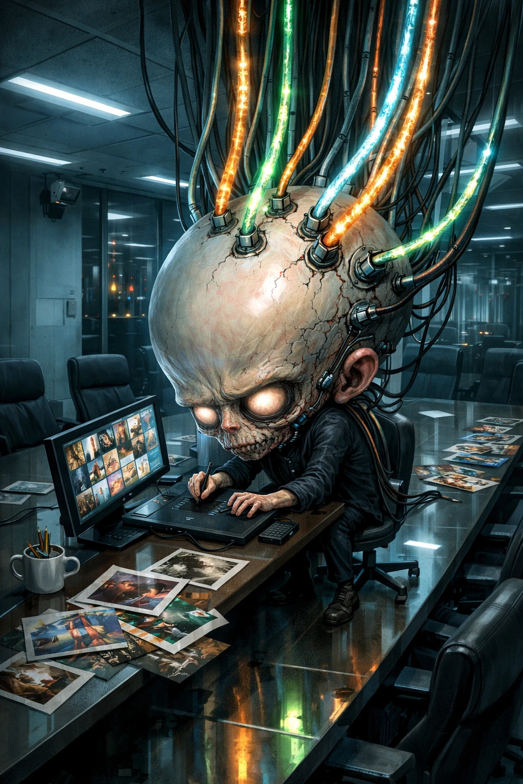 Ominous digital painting of an AI artist at corporate table