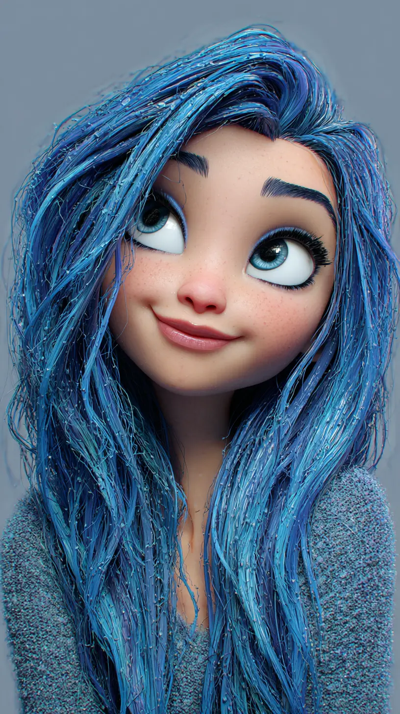 Primo piano di una donna dai capelli blu bagnati che sorride in modo giocoso