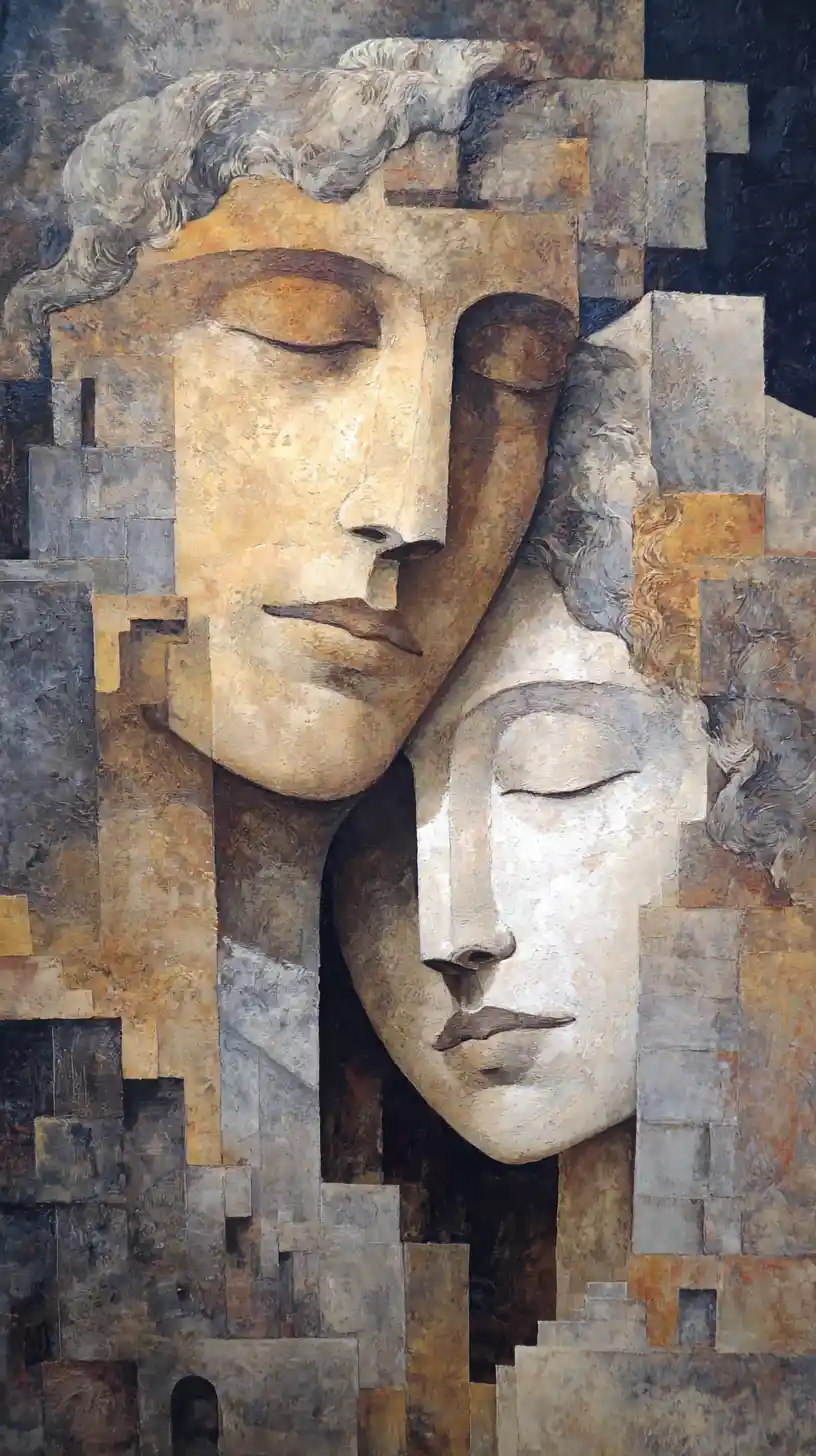 Surreal cubist fusion of two serene monochrome faces