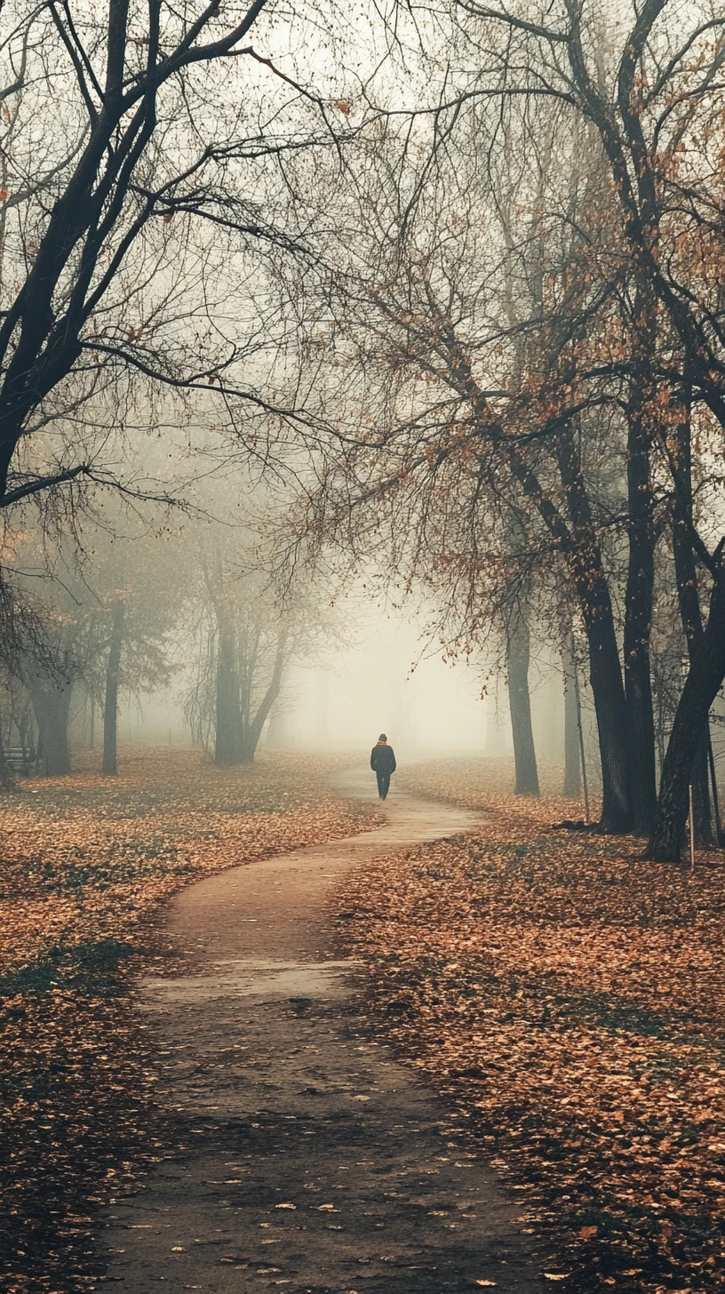 Solitary figure walking a foggy path through a quiet park
